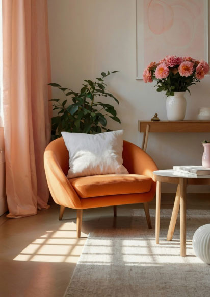 Rounded orange armchair with a white cushion, setup next to pink curtains, plants, and pink flowers.